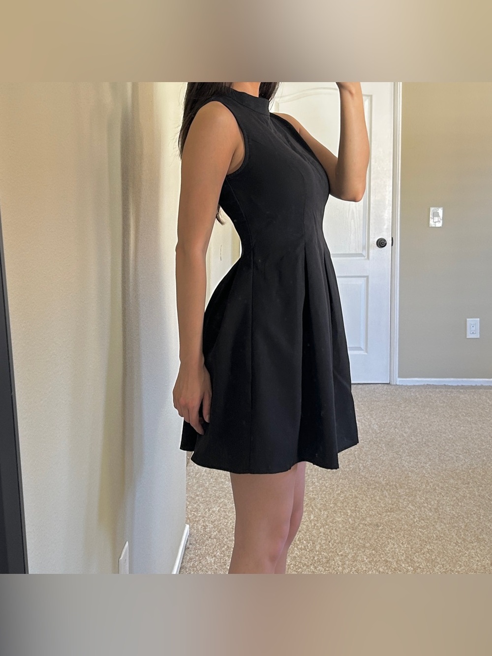 NWOT RIHOAS Black Mock Neck Ruched Sleeveless Mini Dress